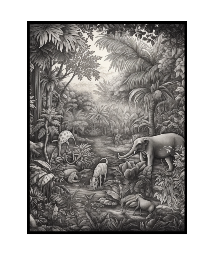 Tableau jungle imaginaire noir et blanc