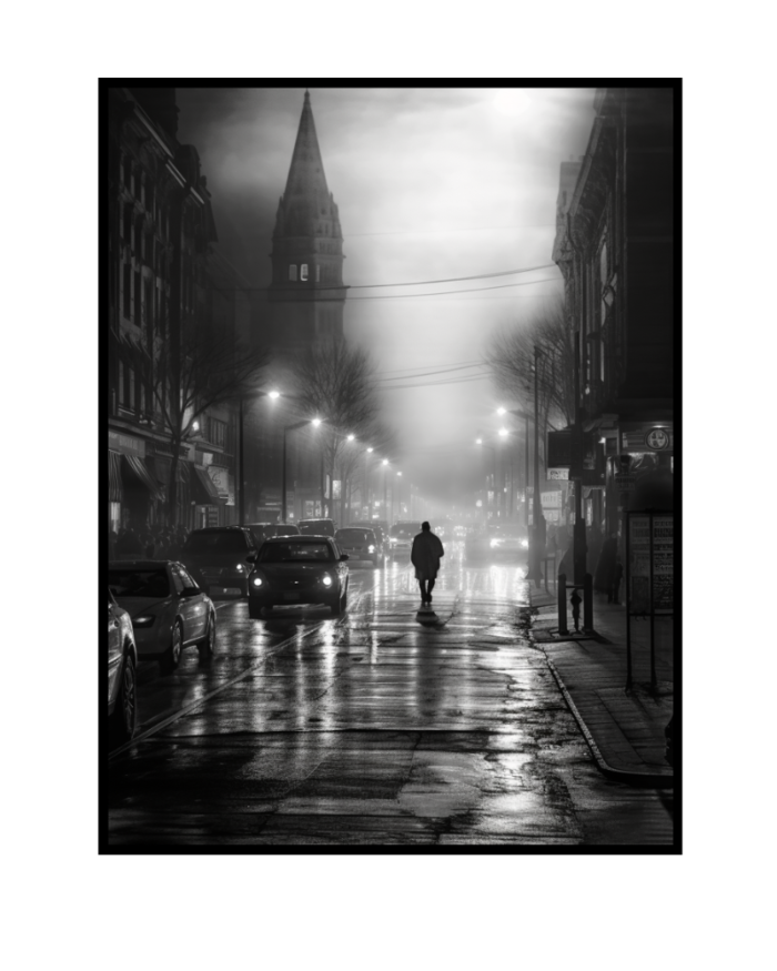 tableau rue nuit noir et blanc